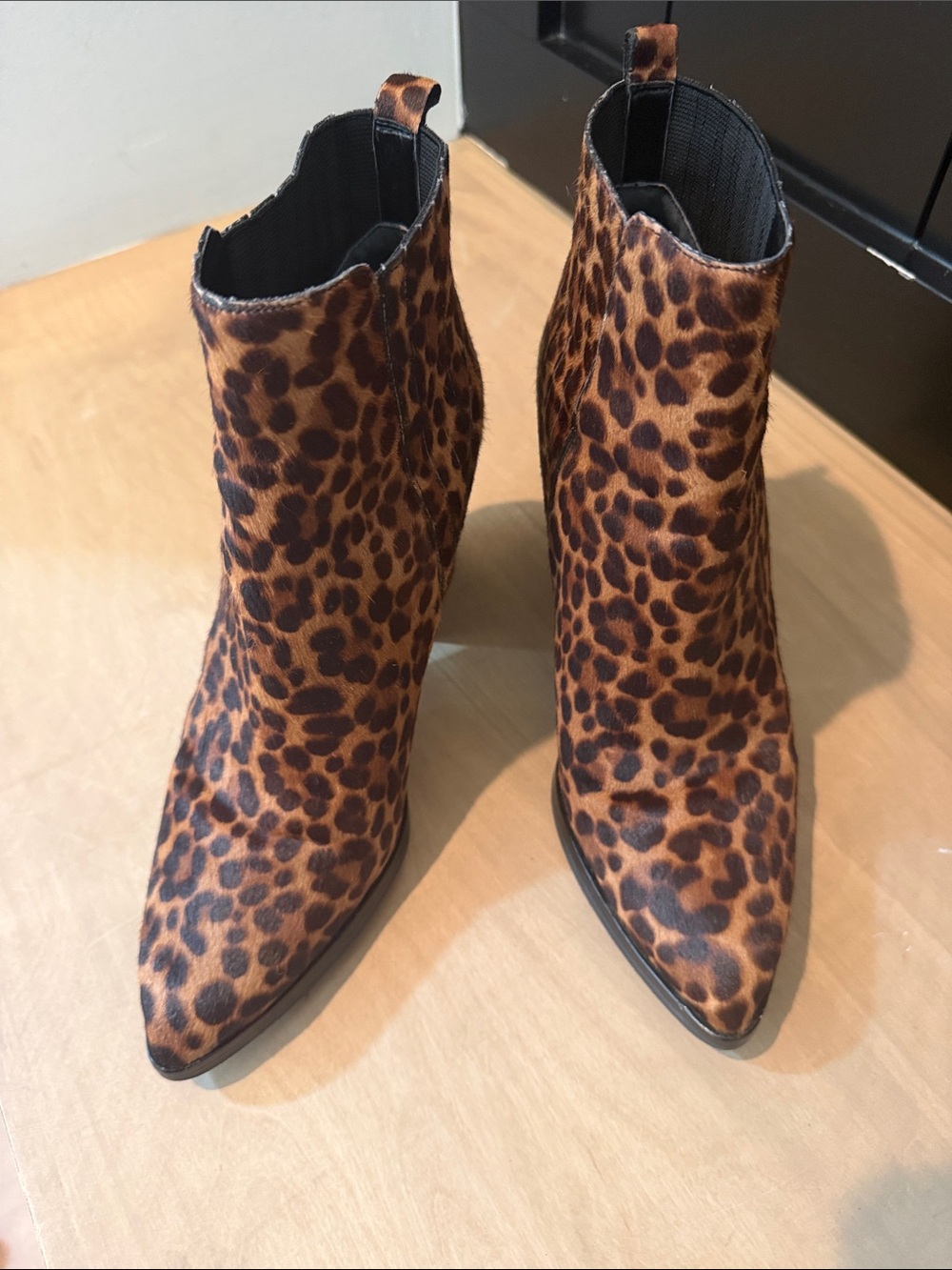 Marc Fisher Leopard-Pattern Pointed Toe Ankle Booties in Brown and Black